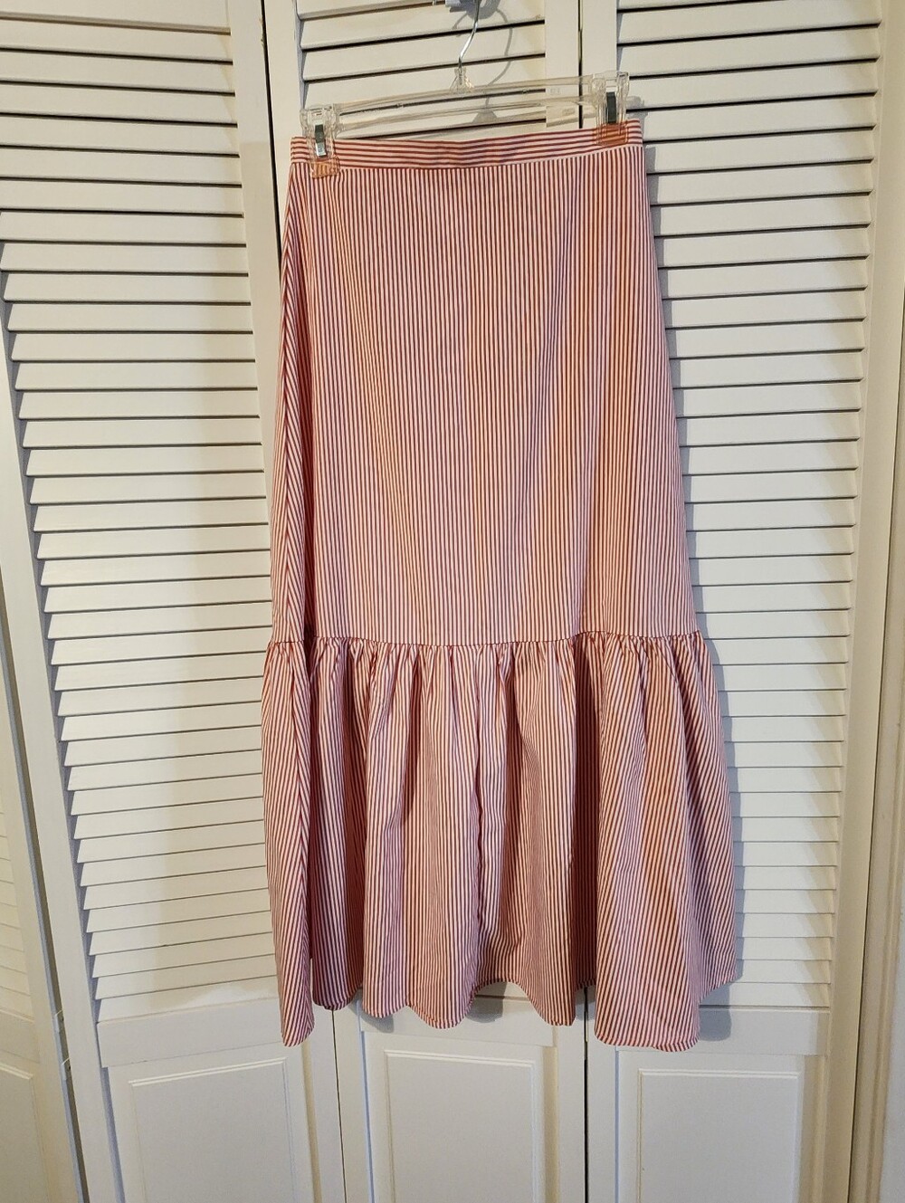 HYFVE Pink and White Striped Midi Ruffle-Hem Skirt